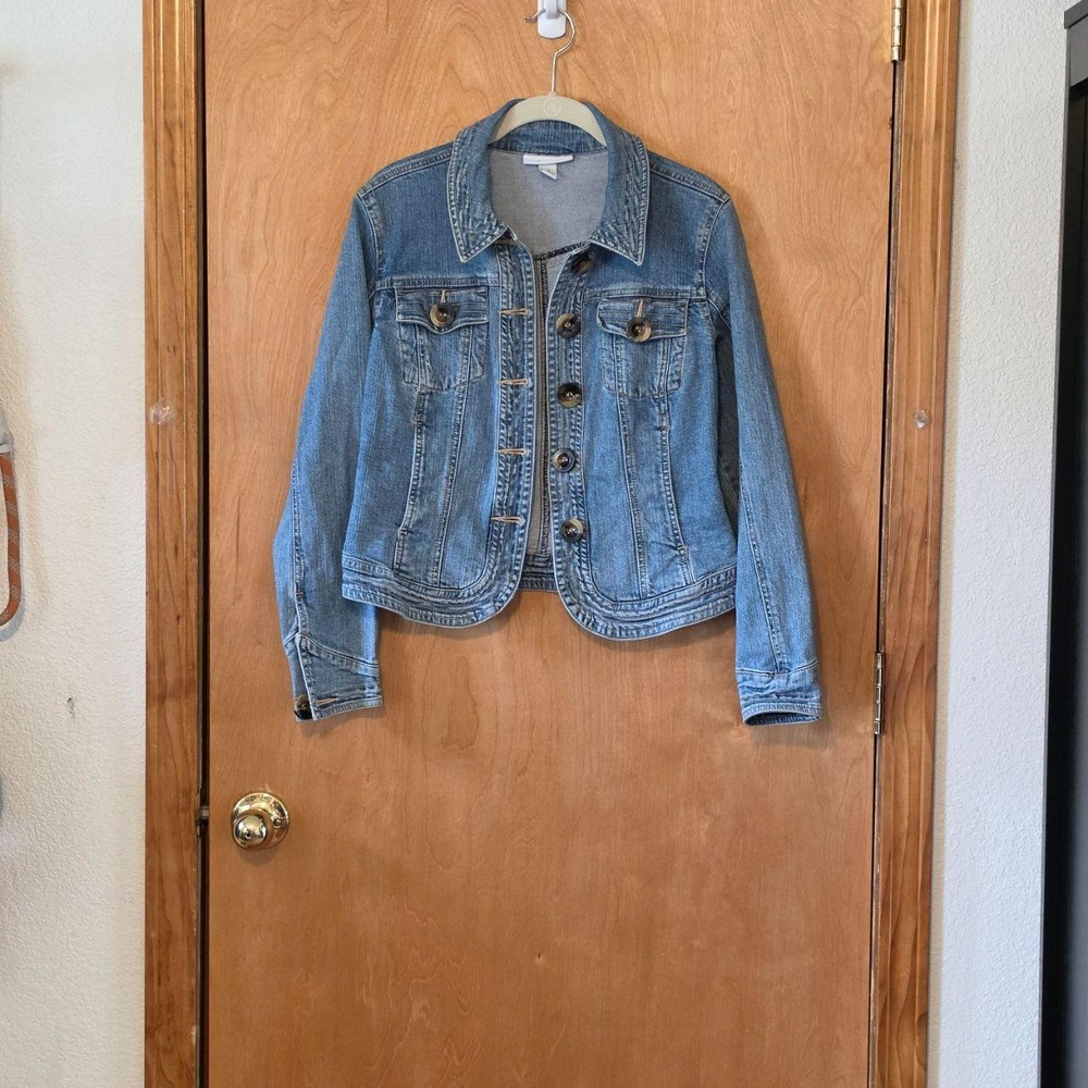 Dress Barn Womens Small Blue Stretch Denim Jacket Tailored Fit Large Buttons